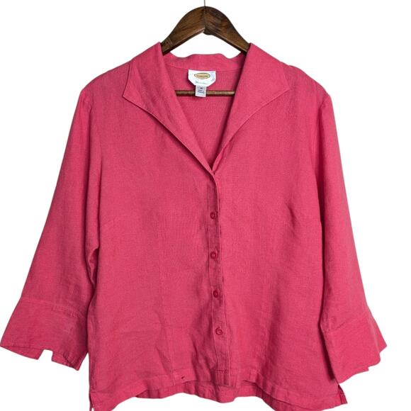 Talbots Irish Linen Button Front Top 16 Pink 3/4 Sleeve V Neck Collared - Picture 8 of 8